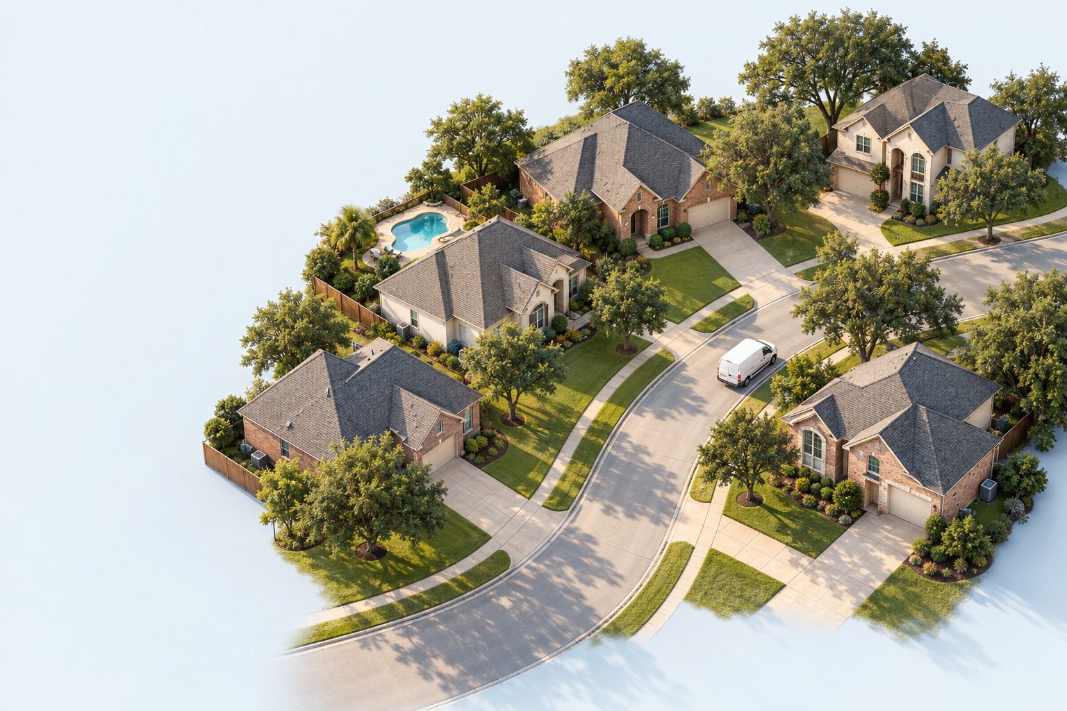 An illustrated Houston neighborhood with homes, service equipment, mature trees, and a work van.